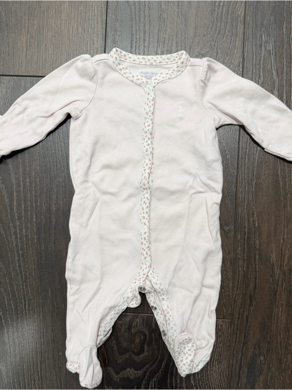 Ralph Lauren Pale Pink Floral-Trim Footed One-Piece - 3 Months